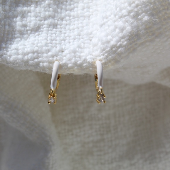 Sterling Silver White Enamel Hoop Earrings with Simulated Diamond - Picture 10 of 11